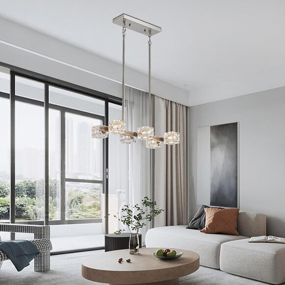 Modern Rectangular 6-Light Chandelier | Brushed Nickel, Adjustable &‎ Dimmable - Picture 8 of 9